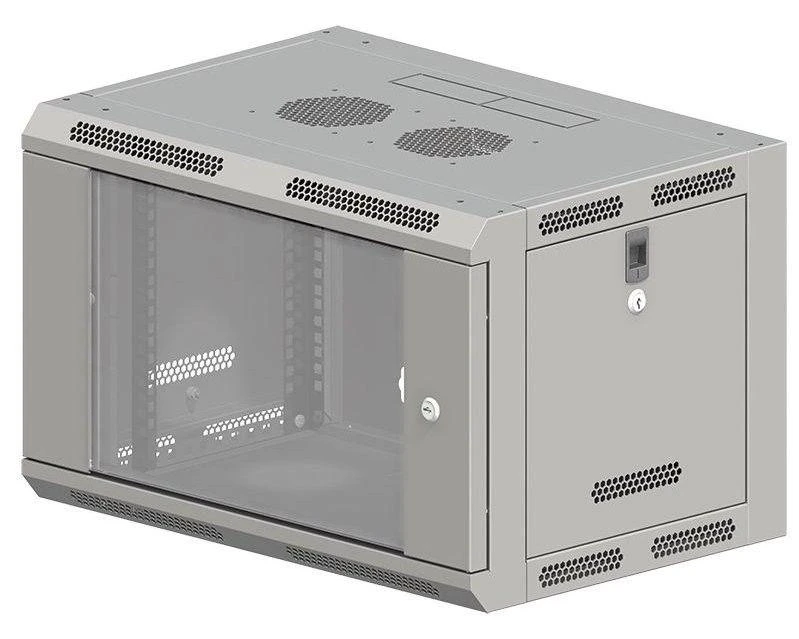 19" 9U 600x600 pakabinama spintelė, nedaloma, vienos sparnos stiklinės durys, pilnas galinis dangtis, perforuoti judantys šoniniai dangčiai, pilka, 4 ALANTEC sijos