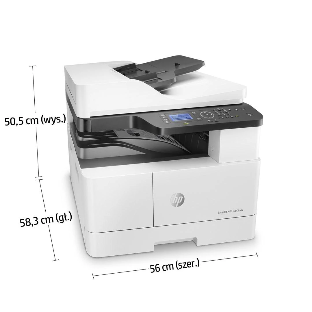 Hewlett Packard (HP) HP LaserJet MFP M443nda AIO All-in-One Spausdintuvas - A3 Mono lazerinis, Spausdinti/Kopijuoti/Nuskaityti, Automatinis dokumentų tiektuvas, Auto-Duplex, LAN, 25psl/min, 2000-5000 puslapių per mėn.