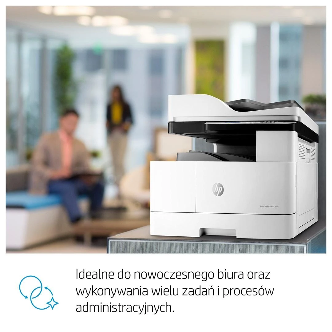 Hewlett Packard (HP) HP LaserJet MFP M443nda AIO All-in-One Spausdintuvas - A3 Mono lazerinis, Spausdinti/Kopijuoti/Nuskaityti, Automatinis dokumentų tiektuvas, Auto-Duplex, LAN, 25psl/min, 2000-5000 puslapių per mėn.