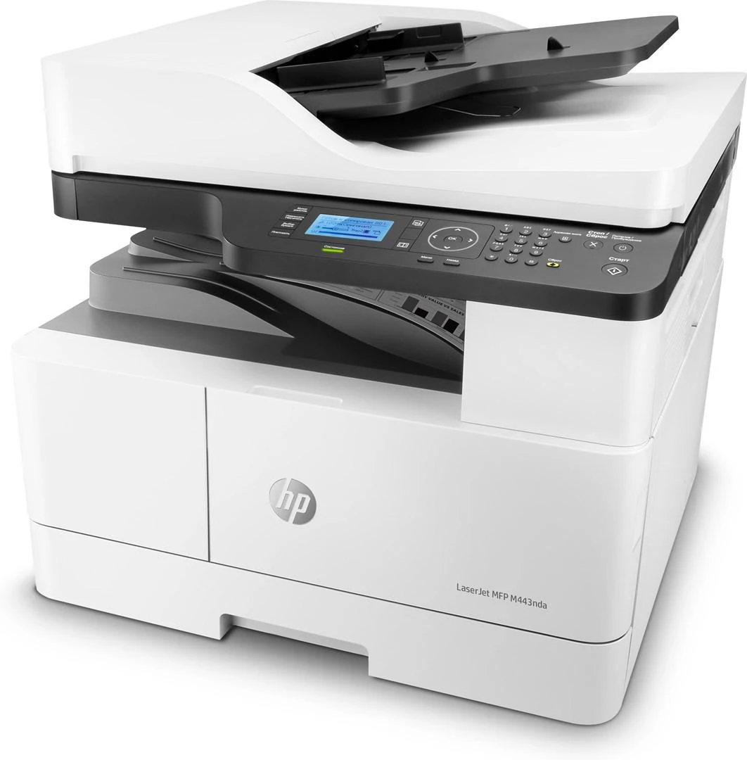 Hewlett Packard (HP) HP LaserJet MFP M443nda AIO All-in-One Spausdintuvas - A3 Mono lazerinis, Spausdinti/Kopijuoti/Nuskaityti, Automatinis dokumentų tiektuvas, Auto-Duplex, LAN, 25psl/min, 2000-5000 puslapių per mėn.