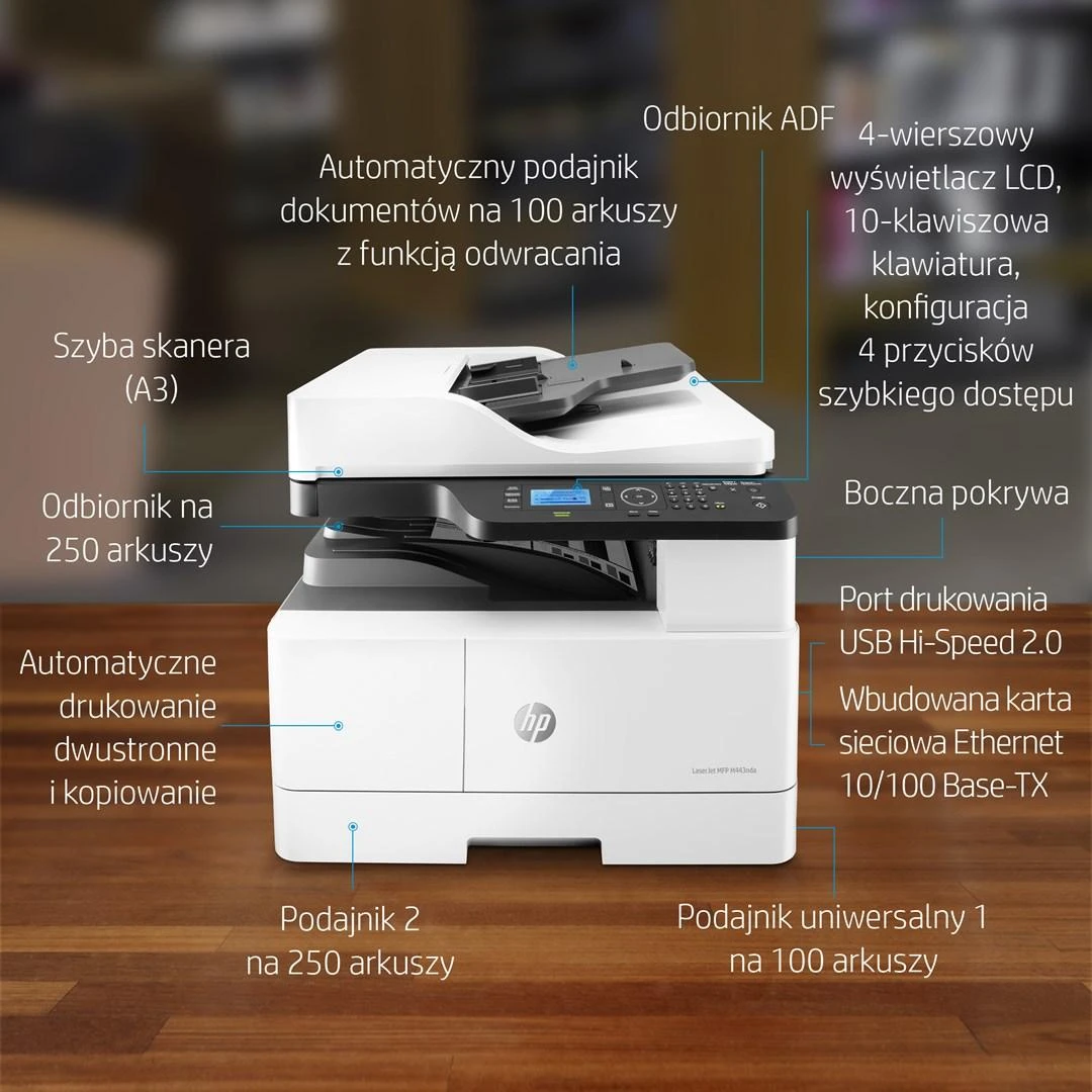 Hewlett Packard (HP) HP LaserJet MFP M443nda AIO All-in-One Spausdintuvas - A3 Mono lazerinis, Spausdinti/Kopijuoti/Nuskaityti, Automatinis dokumentų tiektuvas, Auto-Duplex, LAN, 25psl/min, 2000-5000 puslapių per mėn.