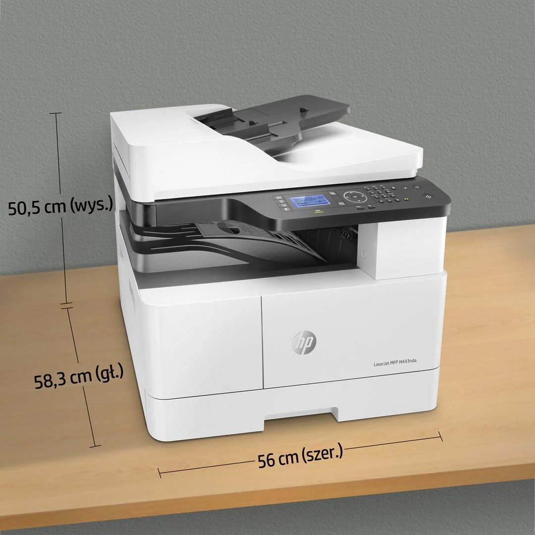 Hewlett Packard (HP) HP LaserJet MFP M443nda AIO All-in-One Spausdintuvas - A3 Mono lazerinis, Spausdinti/Kopijuoti/Nuskaityti, Automatinis dokumentų tiektuvas, Auto-Duplex, LAN, 25psl/min, 2000-5000 puslapių per mėn.