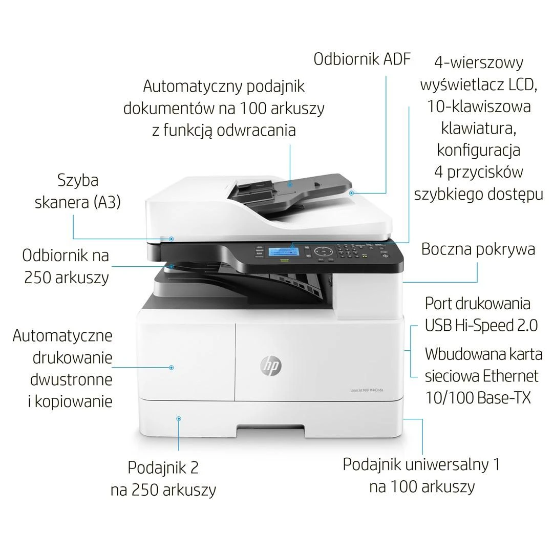 Hewlett Packard (HP) HP LaserJet MFP M443nda AIO All-in-One Spausdintuvas - A3 Mono lazerinis, Spausdinti/Kopijuoti/Nuskaityti, Automatinis dokumentų tiektuvas, Auto-Duplex, LAN, 25psl/min, 2000-5000 puslapių per mėn.