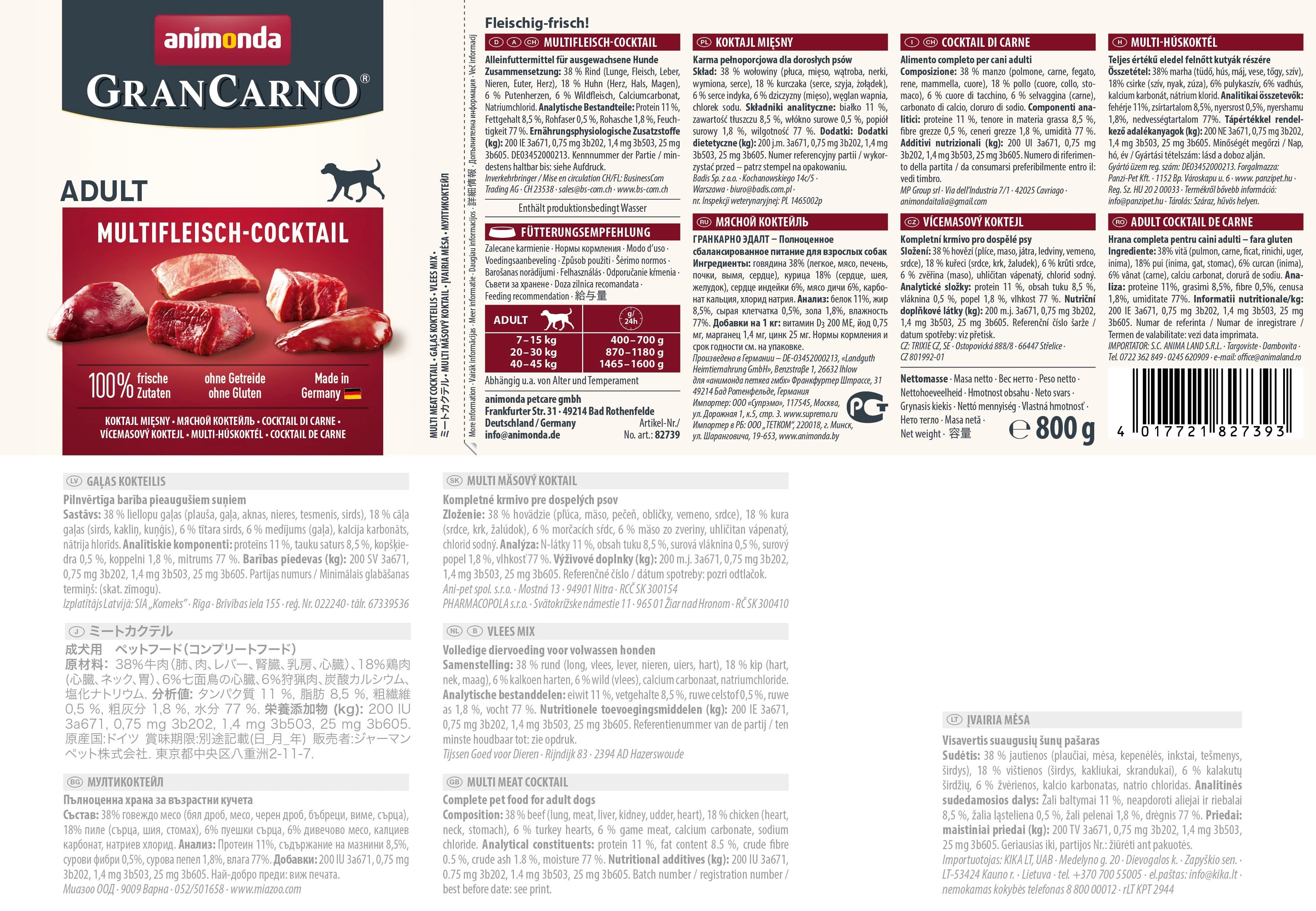 Animoda Šunų Maistas - Animonda GranCarno Multi Meat Cocktail Suaugusiems 800g