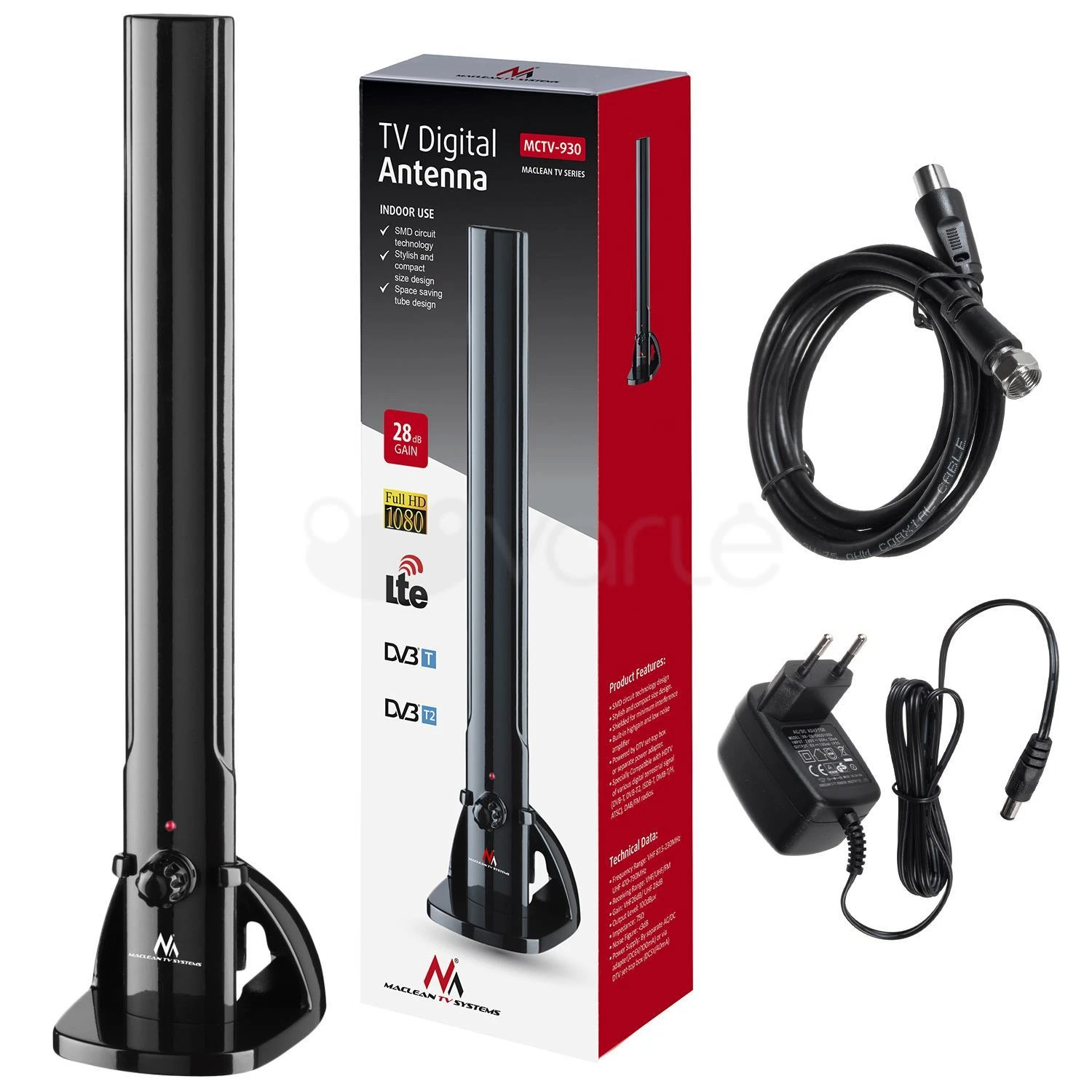 MACLEAN MCTV-930 Maclean MCTV-930 Vidinė antena TV radijas HDTV DVB-T2 DVB-T LTE DAB FM 100dBuV