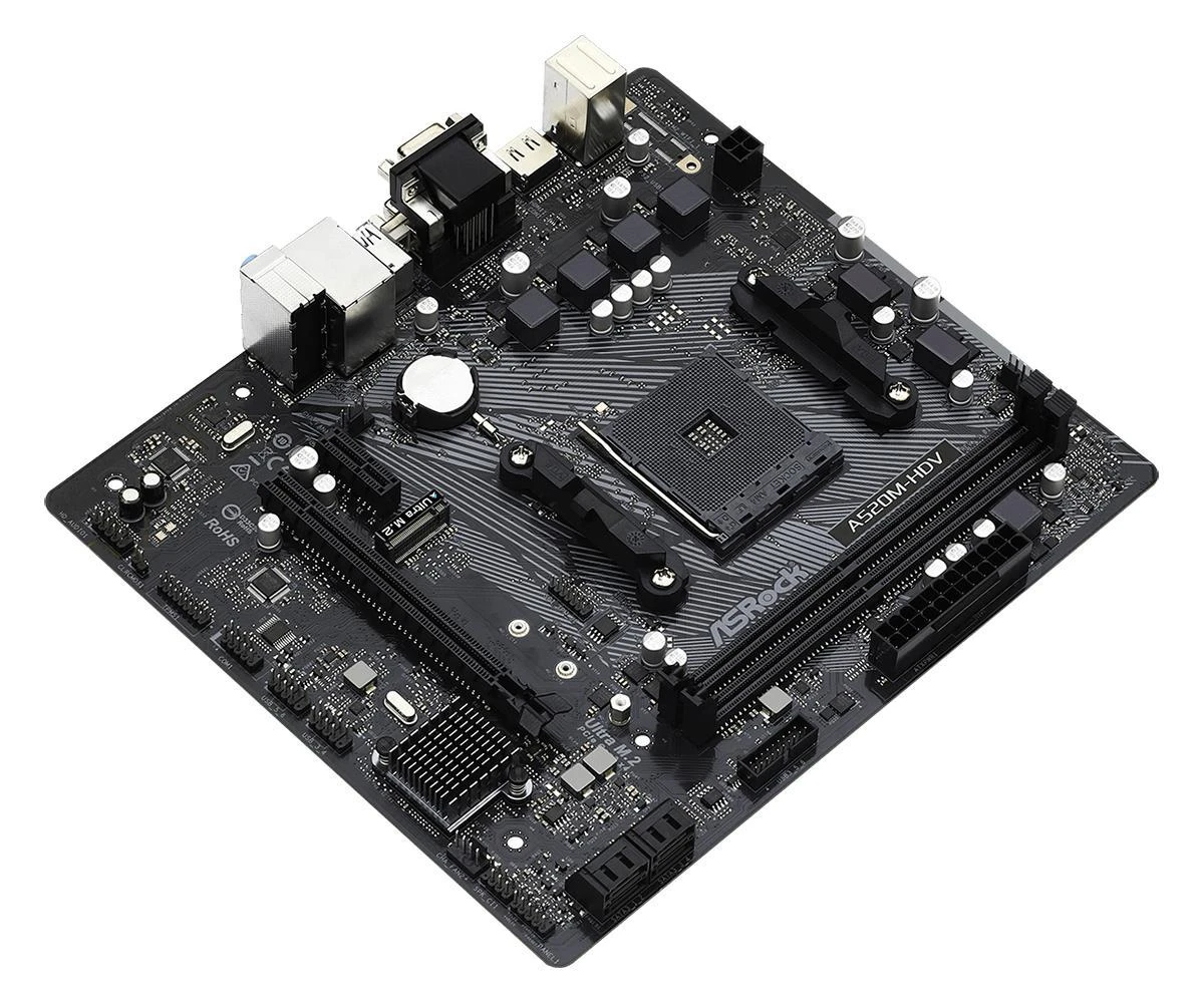 Pagrindinė plokštė ASROCK AMD A520 / SAM4 / MicroATX / 1xPCI-Express 3.0 1x / 1xPCI-Express 3.0 16x / 1xM.2 / Memory DDR4 / Atminties lizdai 2 / 1x15pin D-sub / 1xDVI / 1xHDMI / 2xAudio-In / 1xAudio-Out / 2xUSB 2.0 / 4xUSB 3.2 / 1xPS/2 / 1xRJ45