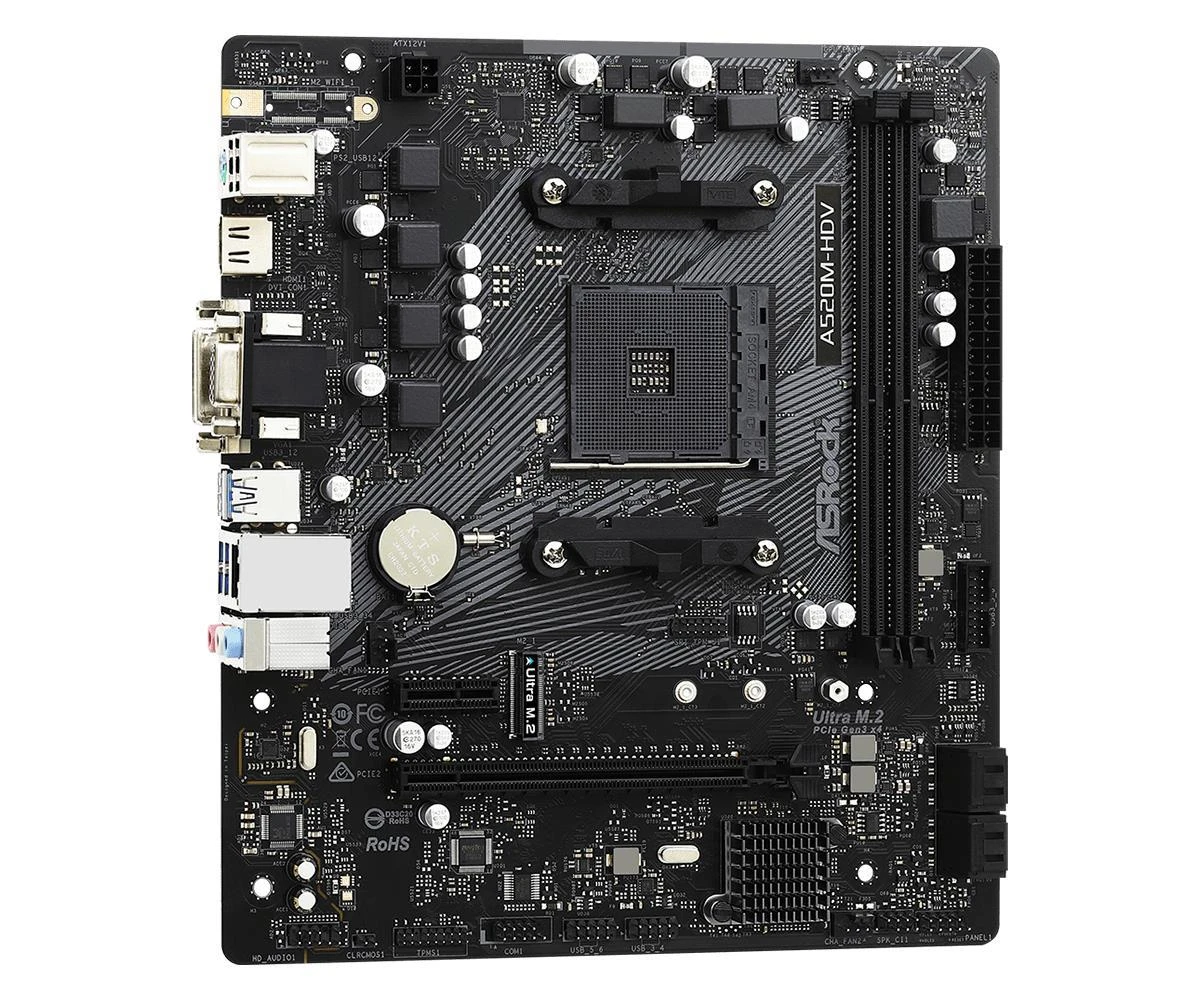 Pagrindinė plokštė ASROCK AMD A520 / SAM4 / MicroATX / 1xPCI-Express 3.0 1x / 1xPCI-Express 3.0 16x / 1xM.2 / Memory DDR4 / Atminties lizdai 2 / 1x15pin D-sub / 1xDVI / 1xHDMI / 2xAudio-In / 1xAudio-Out / 2xUSB 2.0 / 4xUSB 3.2 / 1xPS/2 / 1xRJ45