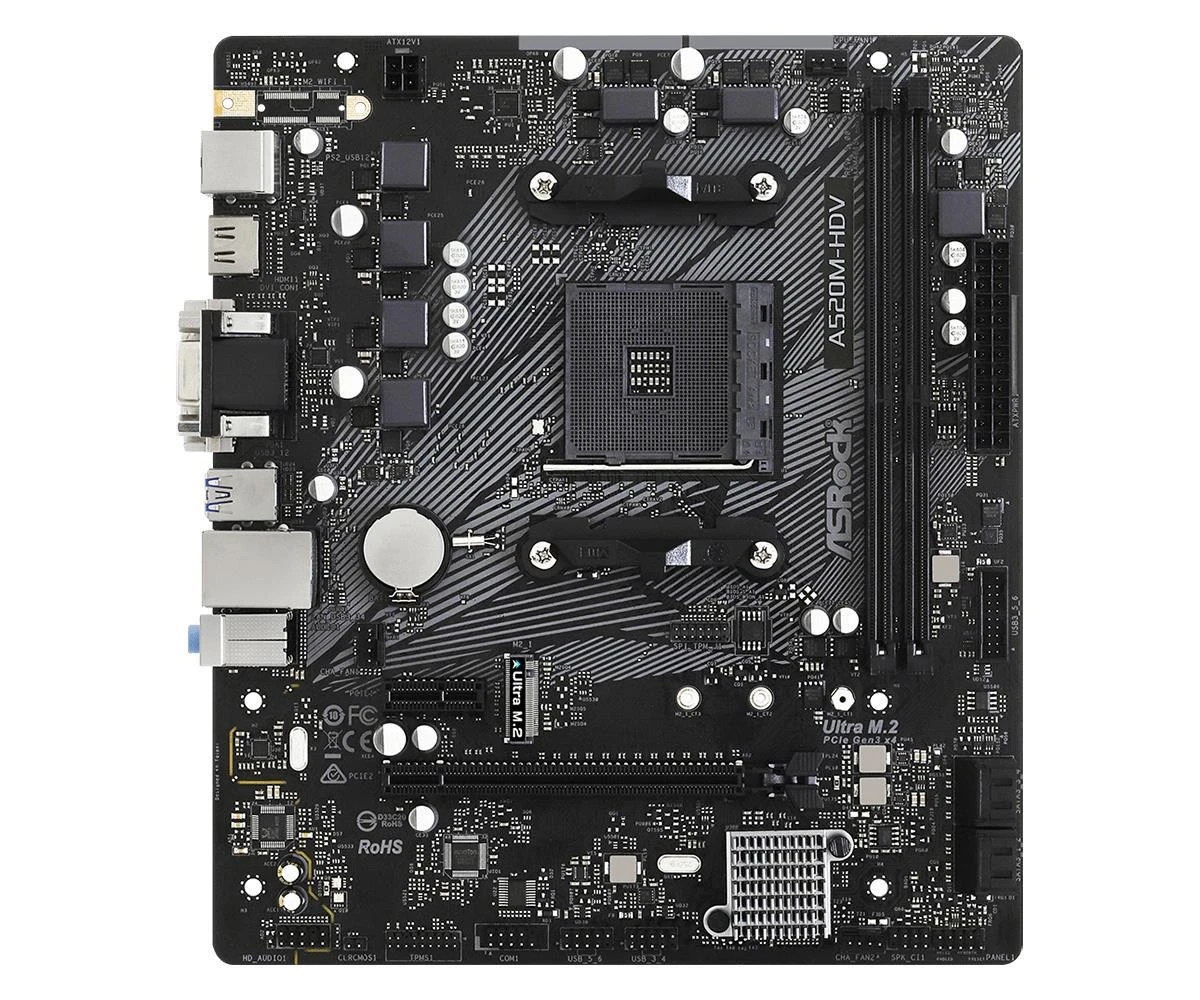 Pagrindinė plokštė ASROCK AMD A520 / SAM4 / MicroATX / 1xPCI-Express 3.0 1x / 1xPCI-Express 3.0 16x / 1xM.2 / Memory DDR4 / Atminties lizdai 2 / 1x15pin D-sub / 1xDVI / 1xHDMI / 2xAudio-In / 1xAudio-Out / 2xUSB 2.0 / 4xUSB 3.2 / 1xPS/2 / 1xRJ45