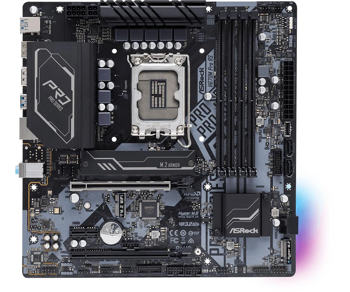 Pagrindinė plokštė ASRock H670M Pro RS/Intel H670/LGA1700/MicroATX/Atmintis DDR4/Atminties lizdai 4/1xPCI-Express 3.0 1x/1xPCI-Express 3.0 4x/1xPCI-Express 4.0 16x/2xM.2/1xHDMI/1xDisplayPort/2xAudio-In/1xAudio-Out/6xUSB 3.2/1xRJ45