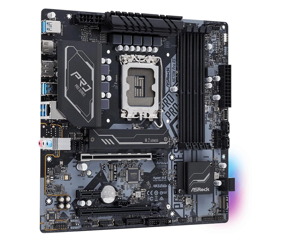 Pagrindinė plokštė ASRock H670M Pro RS/Intel H670/LGA1700/MicroATX/Atmintis DDR4/Atminties lizdai 4/1xPCI-Express 3.0 1x/1xPCI-Express 3.0 4x/1xPCI-Express 4.0 16x/2xM.2/1xHDMI/1xDisplayPort/2xAudio-In/1xAudio-Out/6xUSB 3.2/1xRJ45
