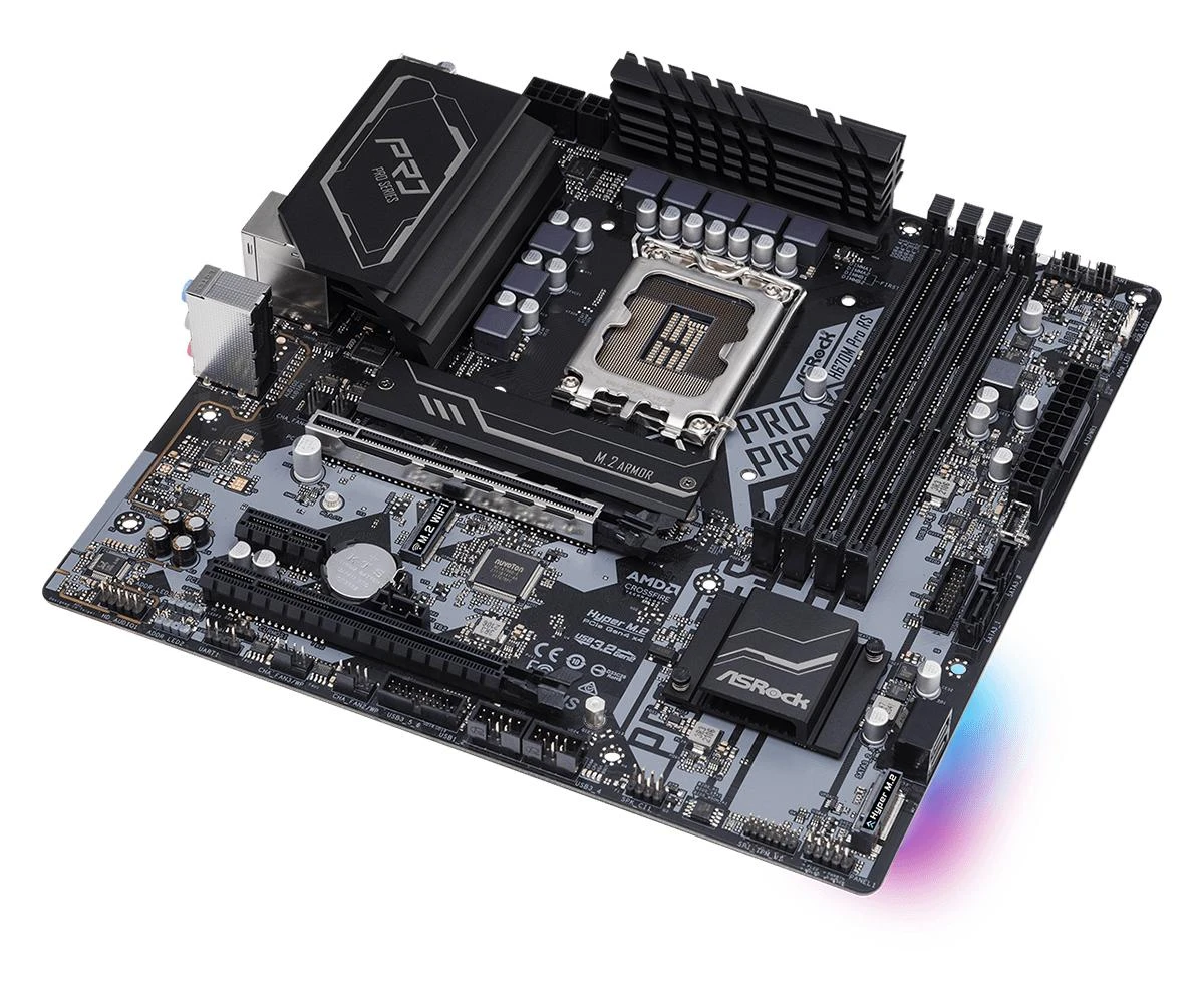 Pagrindinė plokštė ASRock H670M Pro RS/Intel H670/LGA1700/MicroATX/Atmintis DDR4/Atminties lizdai 4/1xPCI-Express 3.0 1x/1xPCI-Express 3.0 4x/1xPCI-Express 4.0 16x/2xM.2/1xHDMI/1xDisplayPort/2xAudio-In/1xAudio-Out/6xUSB 3.2/1xRJ45