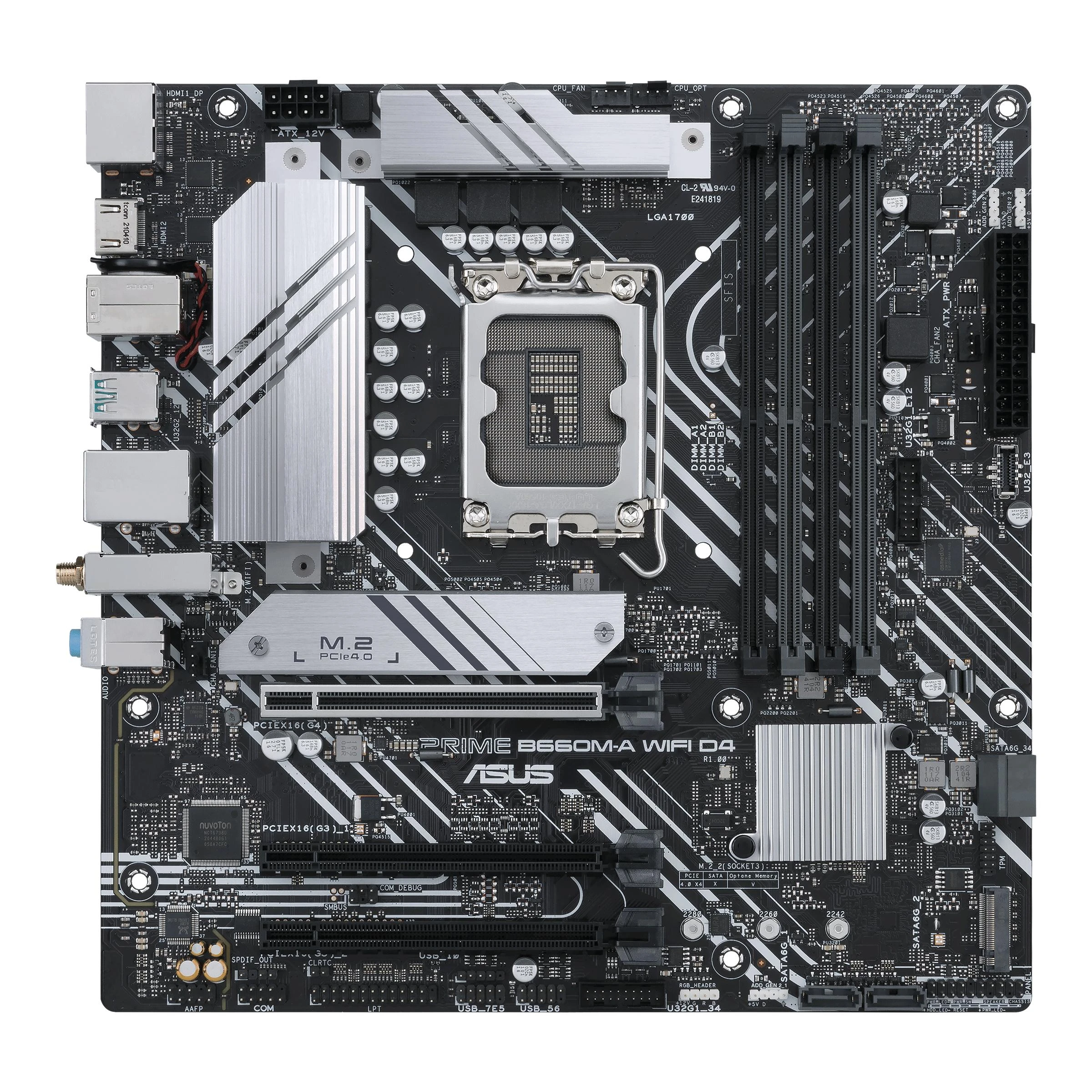 Pagrindinė plokštė ASUS Intel B660 / LGA1700 / MicroATX / Memory DDR4 / Atminties lizdai 4 / 1xPCI-Express 3.0 1x / 1xPCI-Express 3.0 4x / 1xPCI-Express 4.0 16x / 2xM.2 / 2xHDMI / 1xDisplayPort / 2xAudio-In / 1xAudio-Out / 4xUSB 2.0 / 2xUSB 3.2 / 1xPS/2 / 1xRJ45 / PRIMEB660M-AWIFID4