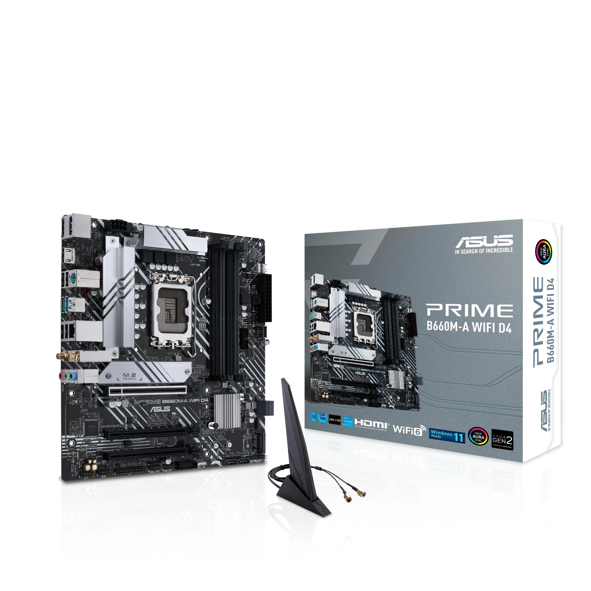 Pagrindinė plokštė ASUS Intel B660 / LGA1700 / MicroATX / Memory DDR4 / Atminties lizdai 4 / 1xPCI-Express 3.0 1x / 1xPCI-Express 3.0 4x / 1xPCI-Express 4.0 16x / 2xM.2 / 2xHDMI / 1xDisplayPort / 2xAudio-In / 1xAudio-Out / 4xUSB 2.0 / 2xUSB 3.2 / 1xPS/2 / 1xRJ45 / PRIMEB660M-AWIFID4