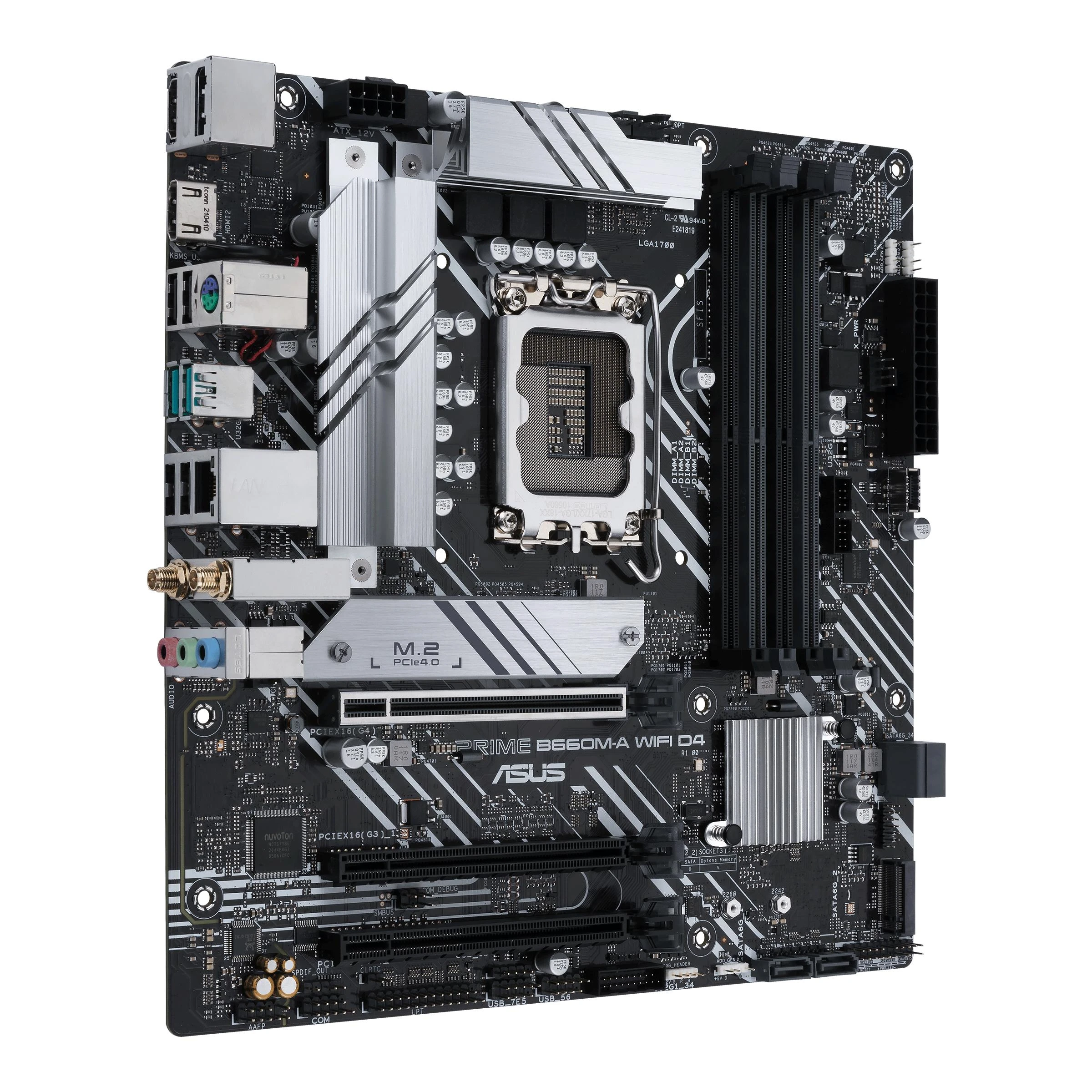 Pagrindinė plokštė ASUS Intel B660 / LGA1700 / MicroATX / Memory DDR4 / Atminties lizdai 4 / 1xPCI-Express 3.0 1x / 1xPCI-Express 3.0 4x / 1xPCI-Express 4.0 16x / 2xM.2 / 2xHDMI / 1xDisplayPort / 2xAudio-In / 1xAudio-Out / 4xUSB 2.0 / 2xUSB 3.2 / 1xPS/2 / 1xRJ45 / PRIMEB660M-AWIFID4