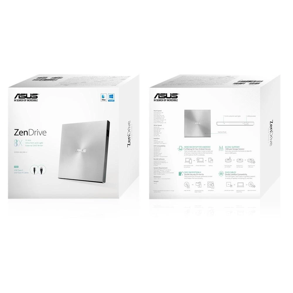 Išorinis DVD įrašymo įrenginys Asus ZenDrive U9M USB/USB-C, Sidabrinis