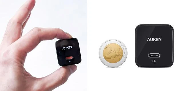 Aukey PA-Y20S kroviklio dydis palyginus su moneta