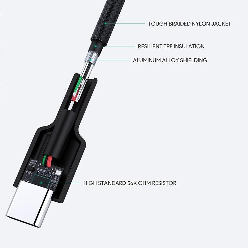 Aukey CB-CA2 OEM kabelis USB-C - USB-A 2m 60W PD 3A 20V FCP AFC nylonowy oplot juoda