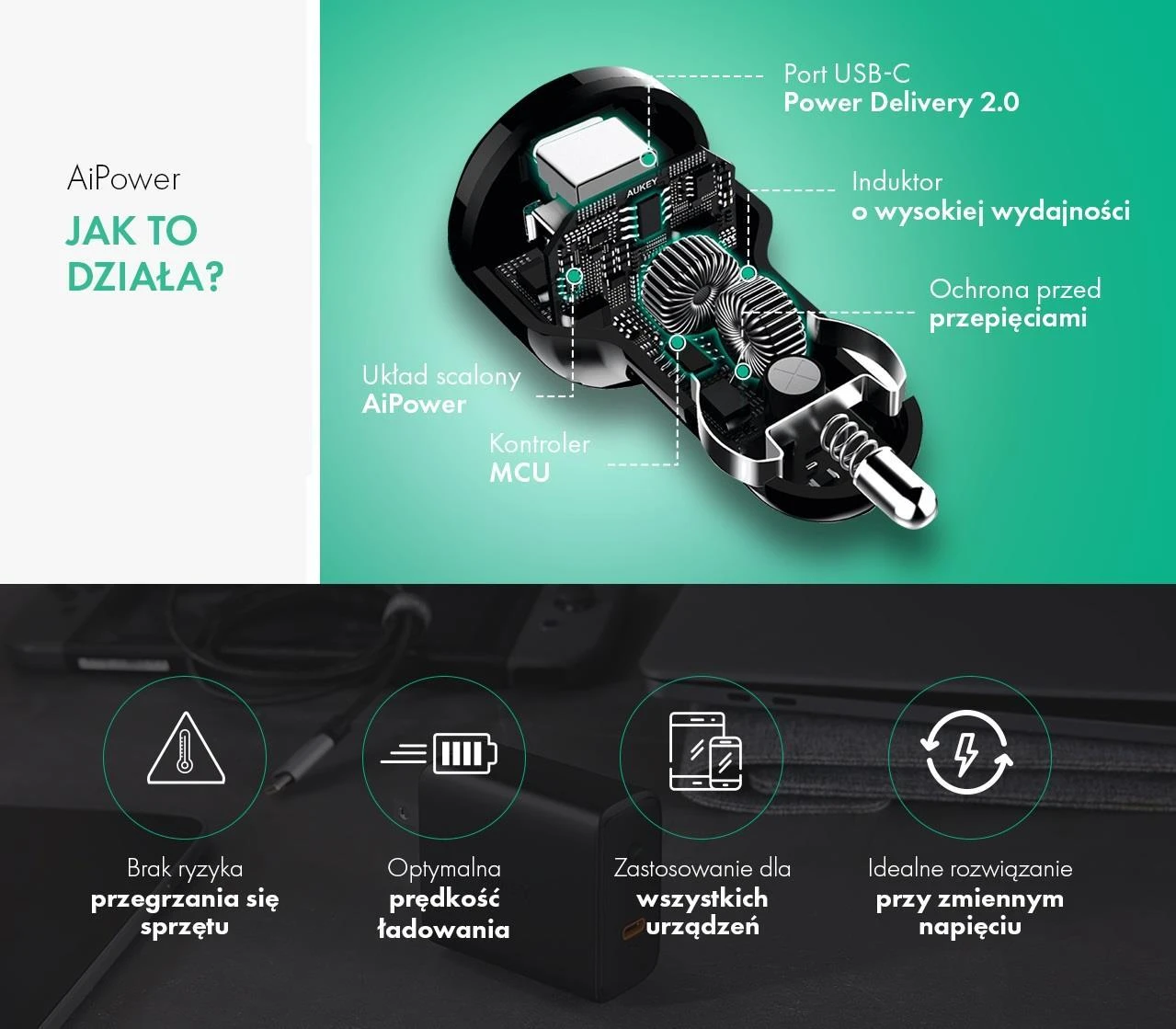 Aukey automobilinis įkroviklis CC-S1 2 x USB-A, 24 W