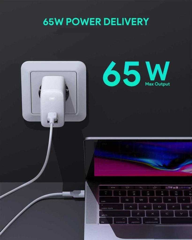 Sieninis Įkroviklis - AUKEY PA-B3 65W 2xUSB (1xUSB-C ir 1xUSB-A) Baltas