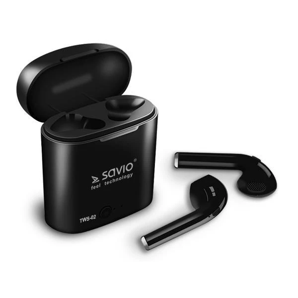 Savio TWS-02 juodos ausinės su įkrovimo dėklu