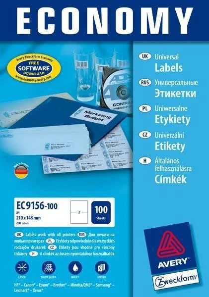 Lipnios etiketės Avery, A4, 105x57mm, 10 etikėčių lape, 100 lapų, baltos spalvos