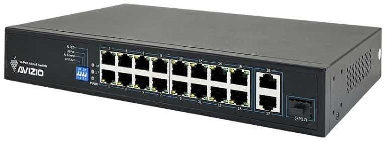 Šakotuvas Nevaldomas komutatorius 18xRJ45 - 16 RJ45 PoE+ 100Mb/s prievadų + 2 RJ45 Uplink 1Gb/s prievadai (galios sąnaudos 150W) AVIZIO