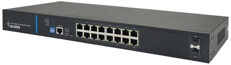 Šakotuvas Valdomas L2 komutatorius (jungiklis) 16 RJ45 PoE+ 1 Gb/s prievadų + 2 SFP Uplink 1 Gb/s prievadai (galios sąnaudos 150 W) + 1 RJ45 konsolės prievadas AVIZIO