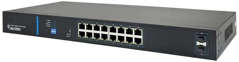 Šakotuvas Nevaldomas komutatorius su 16 RJ45 PoE+ 1 Gb/s prievadų + 2 SFP Uplink 1 Gb/s prievadais (galios sąnaudos 150 W) AVIZIO