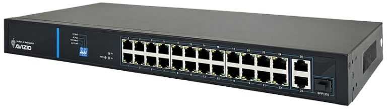 Šakotuvas Nevaldomas komutatorius (jungiklis) 24 RJ45 PoE+ 100Mb/s prievadai + 2 RJ45 Uplink 1Gb/s prievadai (galios sąnaudos 250W) AVIZIO