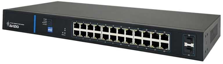 Šakotuvas Nevaldomas komutatorius su 24 RJ45 PoE+ 1 Gb/s prievadais + 2 SFP Uplink 1 Gb/s prievadais (250 W galios biudžetas) AVIZIO