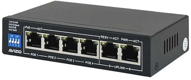 Šakotuvas AVIZIO komutatorius 4x RJ45 PoE 1Gb/s + 2x RJ45 Uplink 1Gb/s