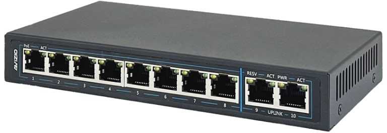 Šakotuvas Nevaldomas komutatorius 10xRJ45 - 8 RJ45 PoE+ 100Mb/s prievadai + 2 RJ45 Uplink 1Gb/s prievadai (energijos sąnaudos 96W) AVIZIO