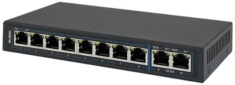 Šakotuvas Nevaldomas komutatorius 10xRJ45 - 8 RJ45 PoE+ 1Gb/s prievadai + 2 RJ45 Uplink 1Gb/s prievadai (energijos sąnaudos 96W) AVIZIO