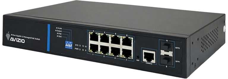 Šakotuvas Valdomas L2 komutatorius (jungiklis) 8 RJ45 PoE+ 1Gb/s prievadai + 2 SFP Uplink 1Gb/s prievadai + 1 RJ45 konsolės prievadas (galios sąnaudos 150W) AVIZIO
