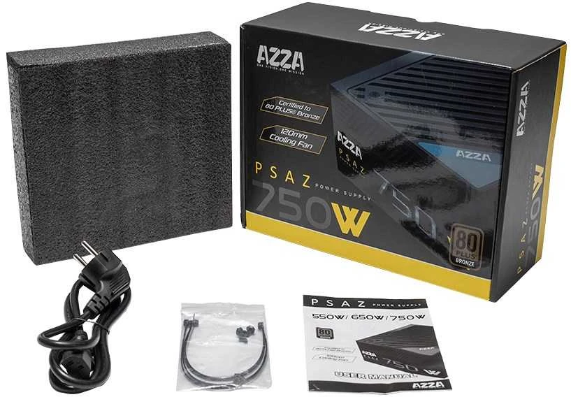 AZZA PSU 750W ATX 80+ bronzos sertifikatas, tylus 120 mm ventiliatorius, 1 x 20+4 kontaktų, 2 x 4+4 kontaktų 12V, 1 x 4 kontaktų diskelis, 2 x 4 kontaktų Molex, 5 x Sata, 4 x 6+2 kontaktų PCI-E, WPS