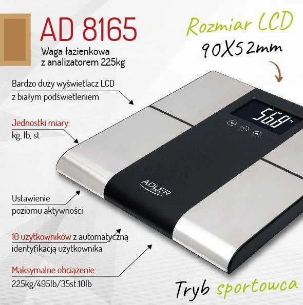 Virtuvinės svarstyklės Adler | Vonios svarstyklės su analizatoriumi | AD 8165 | Didžiausias svoris (keliamoji galia) 225 kg | Tikslumas 100 g | Kūno masės indekso (KMI) matas