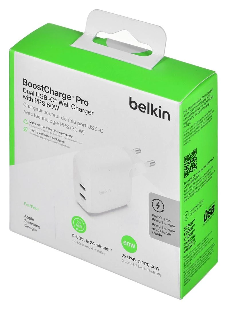 Belkin 60W, 2x USB-C PD PPS 30W, balta