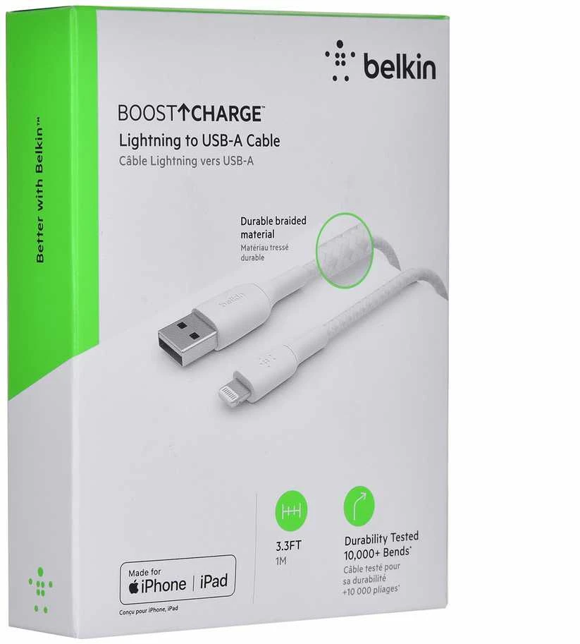USB kabelis Belkin Boost Charge Braided USB-A to Lightning 1.0m baltas