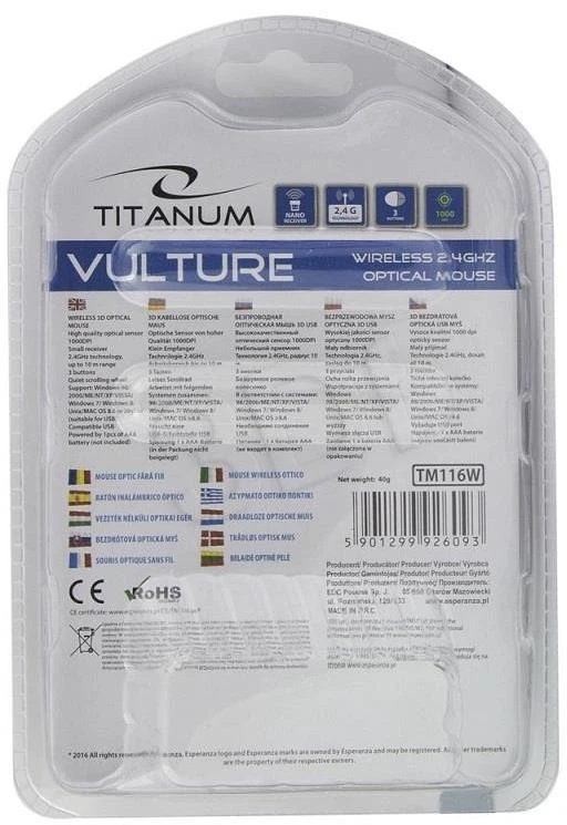 Belaidė optinė pelė Esperanza TITANUM TM116W VULTURE - 3D | 2.4 GHz| 1000 DPI