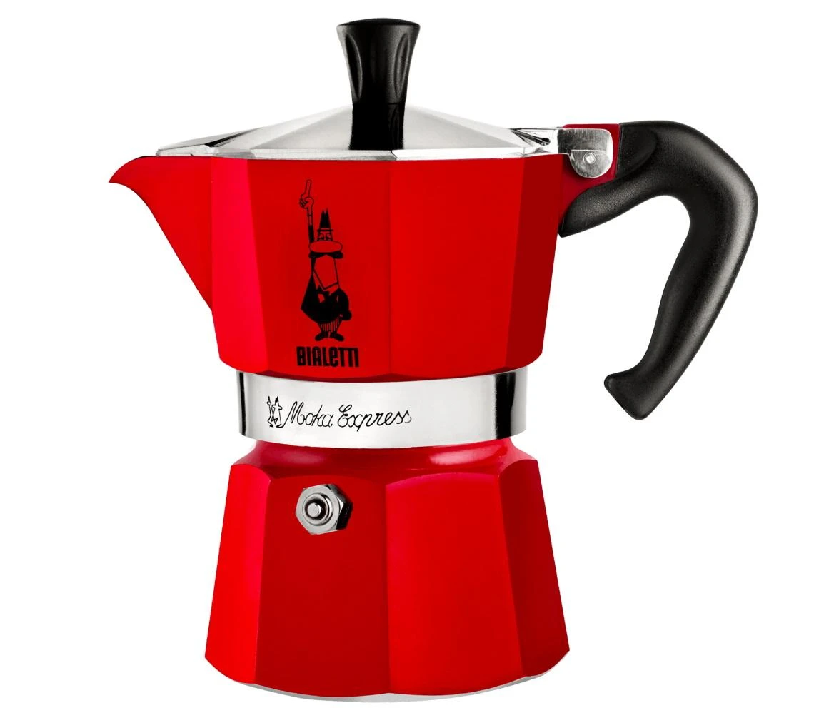 Raudonas Bialetti Moka Express kavinukas su logotipu