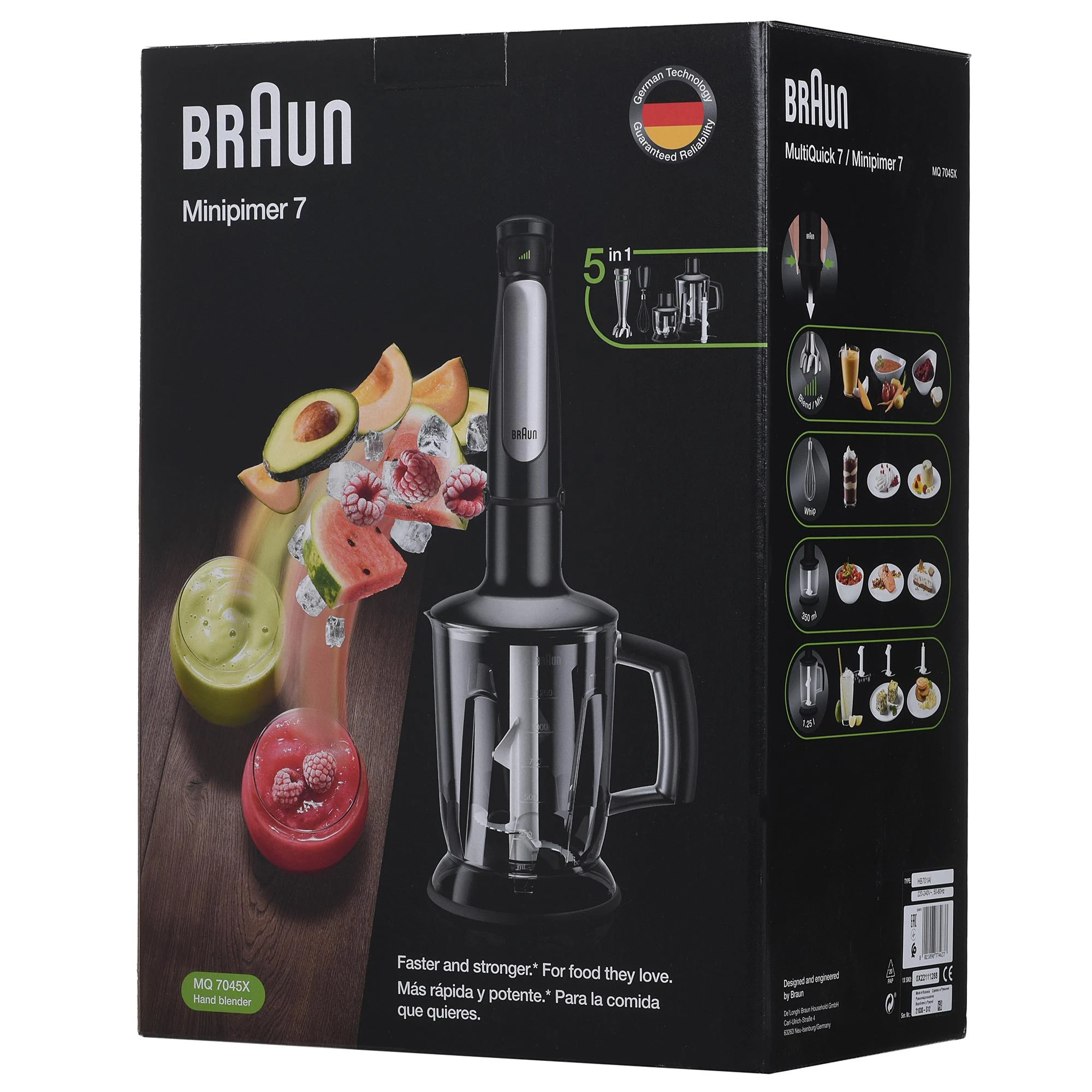 Braun MultiQuick 7 MQ 7045X 1,25 L Panardinamas maišytuvas Juoda, Nerūdijančiojo plieno 1000 W