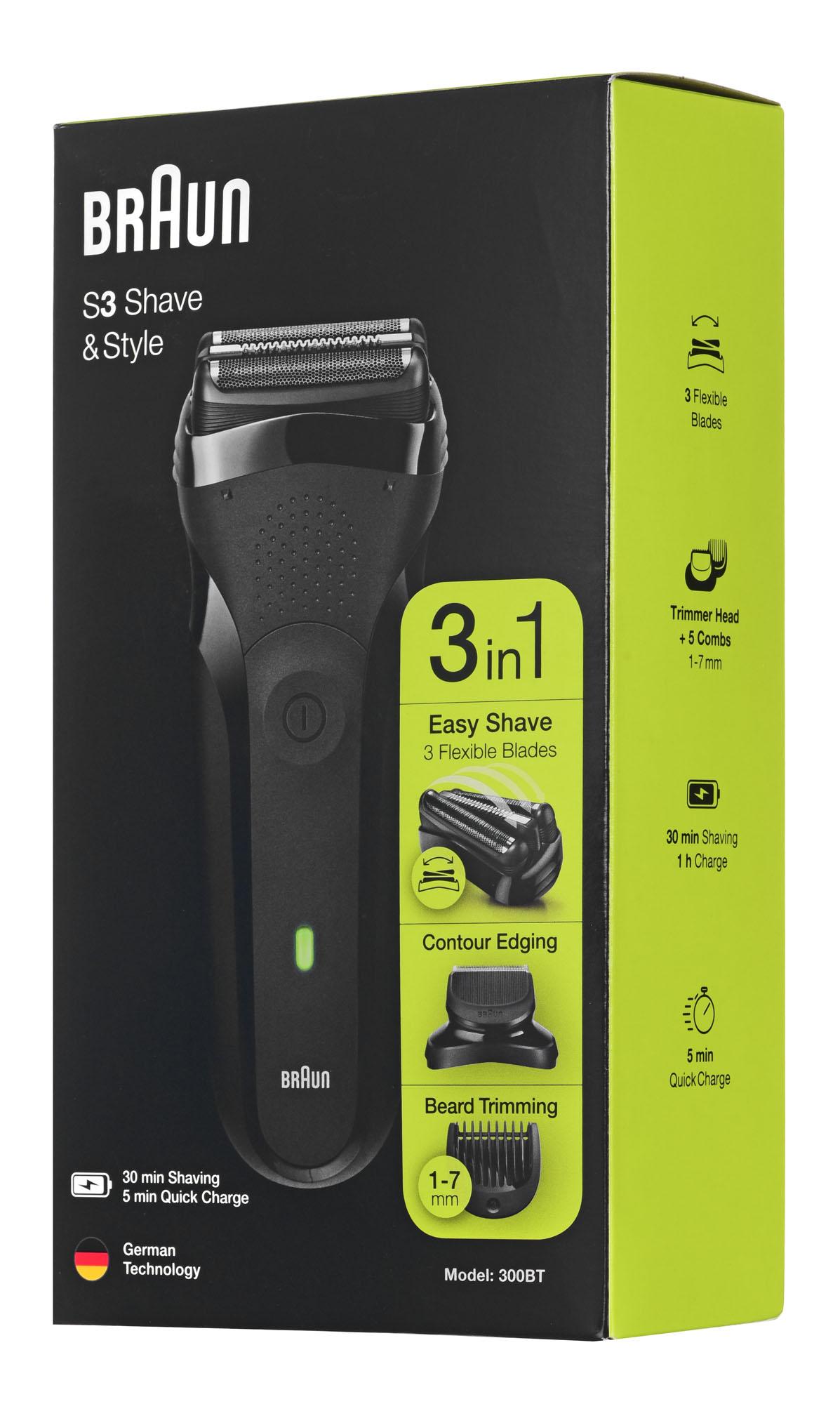 Barzdaskutė Braun | Shaver | Series 3 Shave&Style 300BT | Operating time (max) 30 min | NiMH | Juodas/Žalias