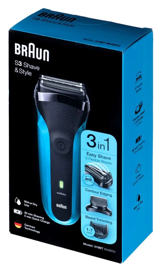 Barzdaskutė Braun Series 3 310BT Skustuvas Apkarpymo mašinėlė Juoda, Mėlyna