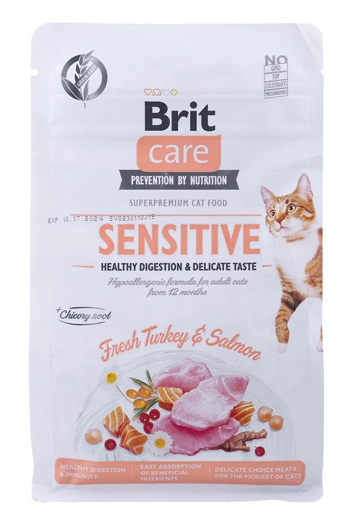 Brit Care Cat GF Sensitive Healthy Digestion&Delicate Taste (Šviežia kalakutiena&lašiša) 0,4kg