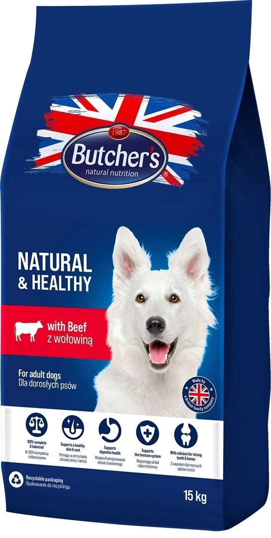 Sausas Šunų Maistas - BUTCHER'S Natural & Healthy su jautiena 15 kg