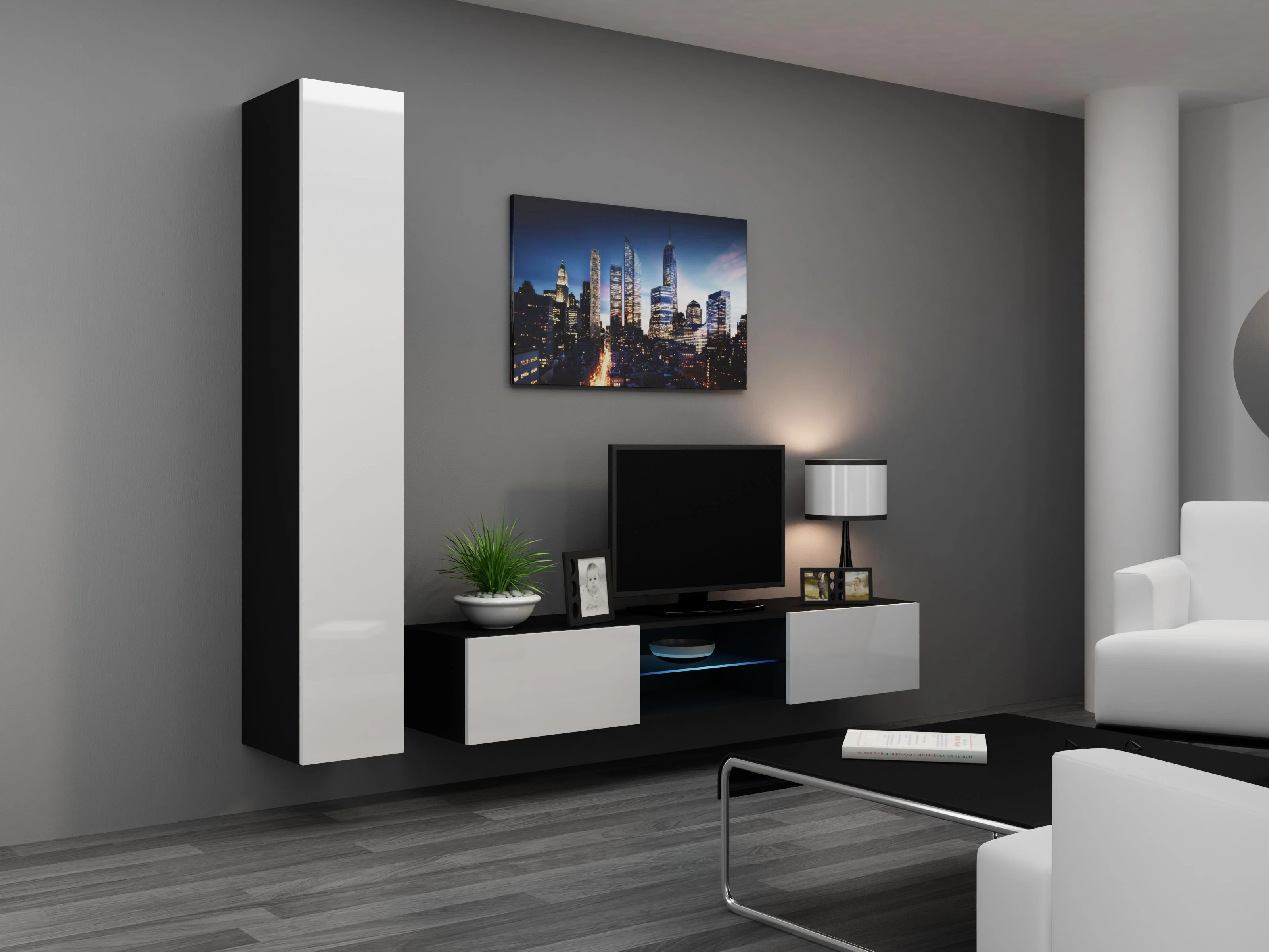 Cama sieninė spintelė VIGO '180' 180/40/30 (spalva: balta/blizgi juoda)