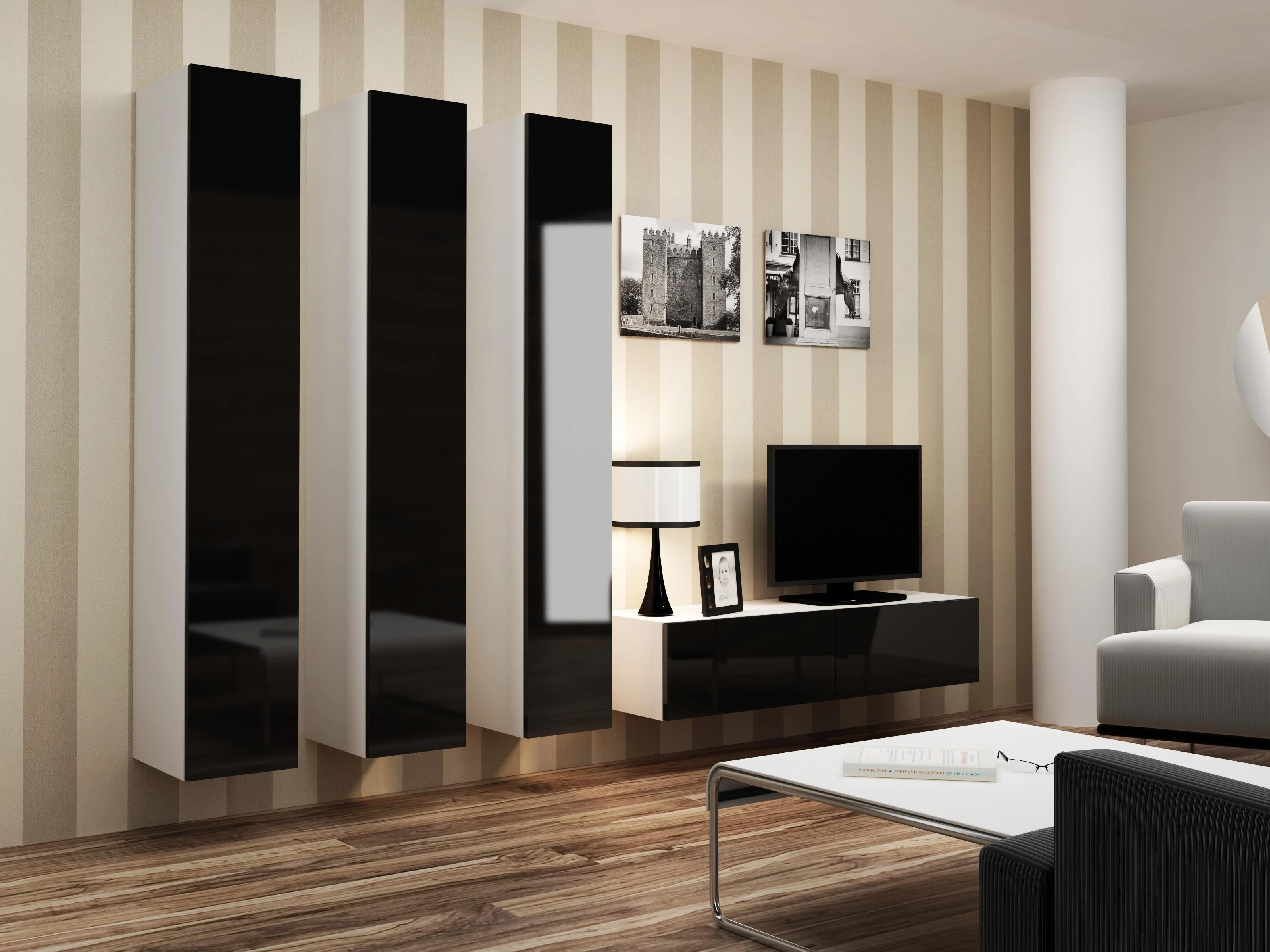 Cama sieninė spintelė VIGO '180' 180/40/30 (spalva: balta/blizgi juoda)