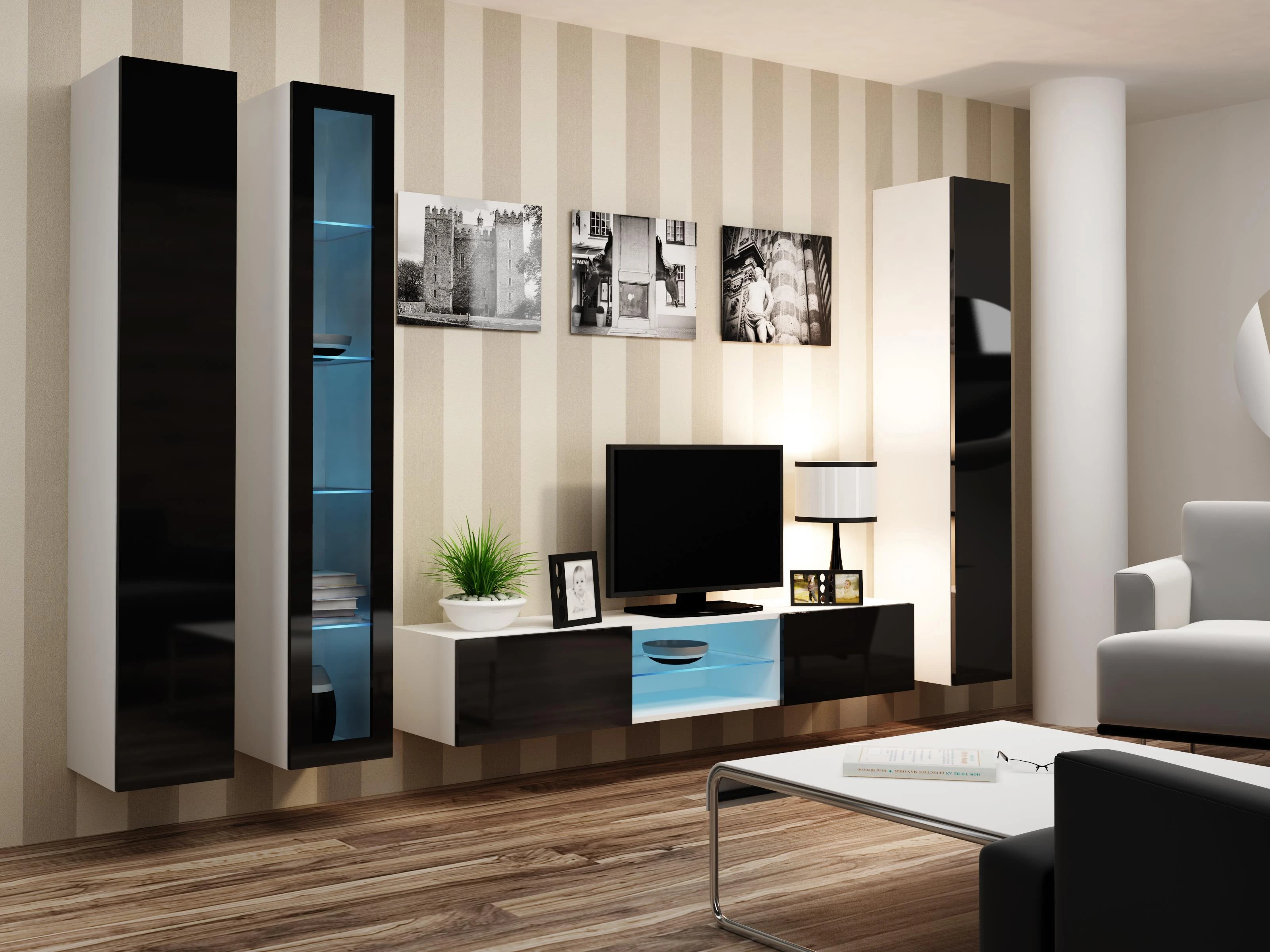 Cama sieninė spintelė VIGO '180' 180/40/30 (spalva: balta/blizgi juoda)