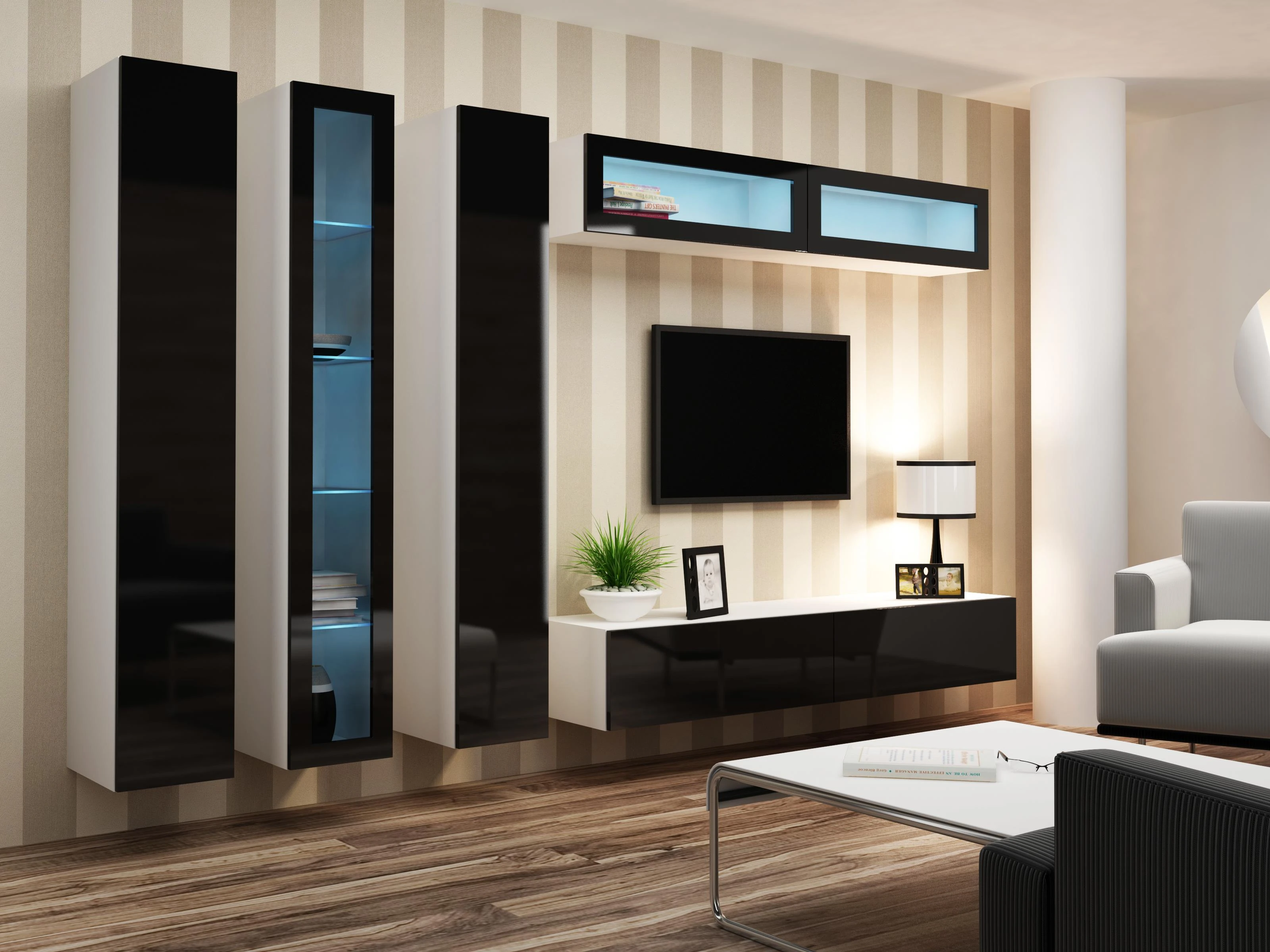 Cama sieninė spintelė VIGO '180' 180/40/30 (spalva: balta/blizgi juoda)