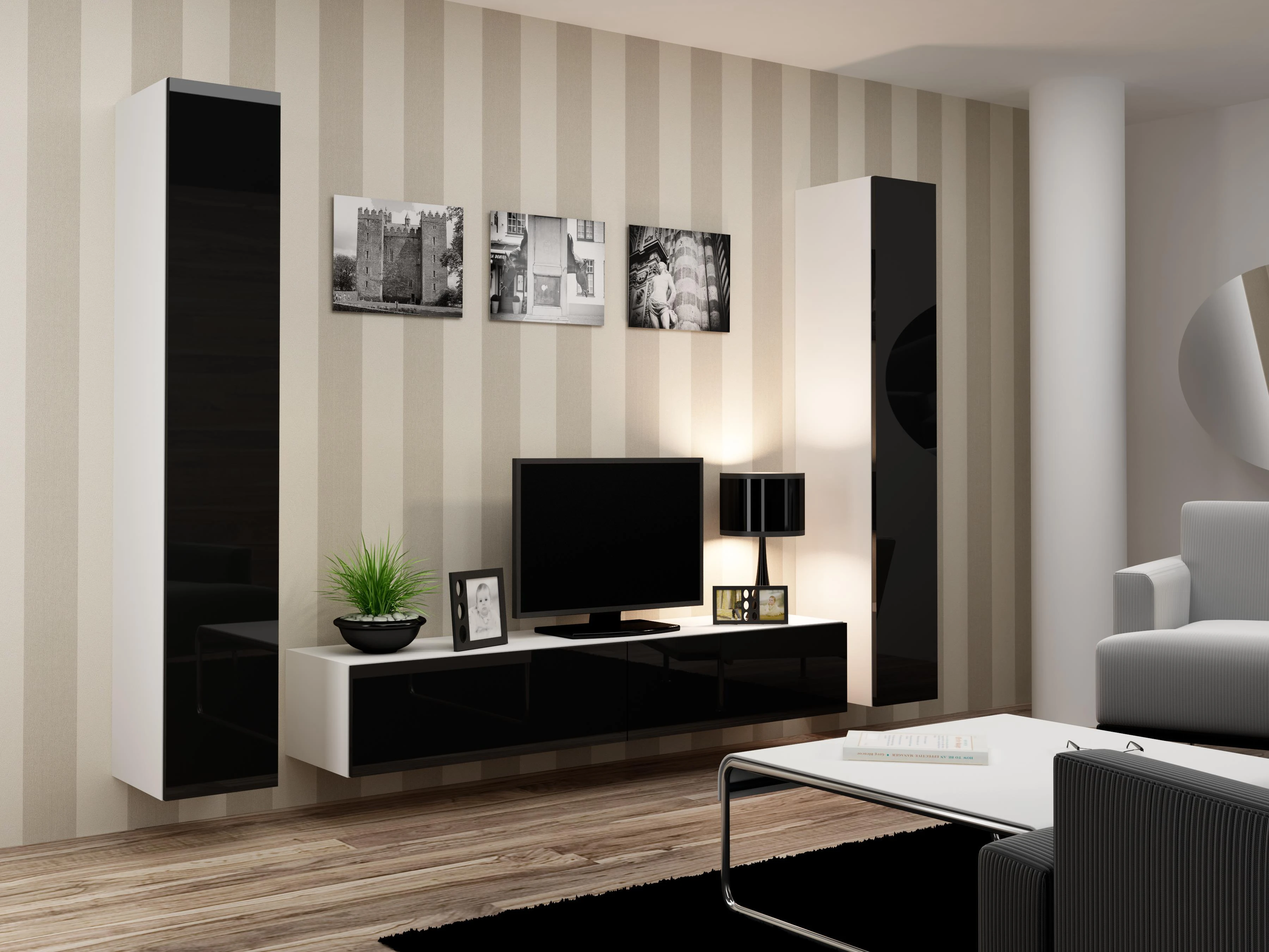 Cama sieninė spintelė VIGO '180' 180/40/30 (spalva: balta/blizgi juoda)